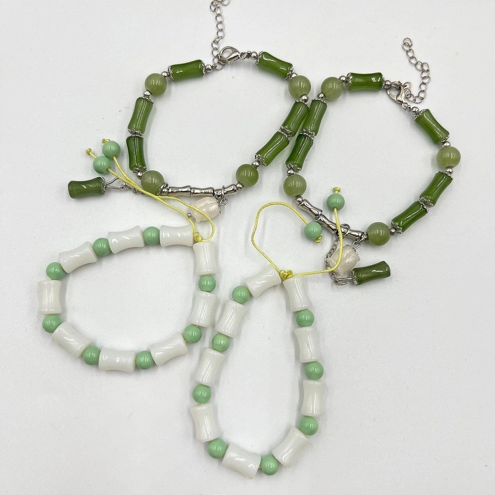 Vintage Faux Jade & Bone Bamboo Bead Bracelet Set 4pc Zen‎ Nature Green White